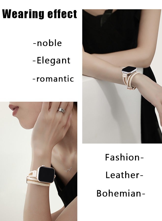 OLYSON Braided Leather Strap Compatible for Apple Watch Band 42mm 41mm 40mm 38mm Women,Genuine Leather Double Tour Designed, Slim Band for iWatch Bands Series 10 9 8 SE 7 6 5 4 3 2 1 - off white - Image 5