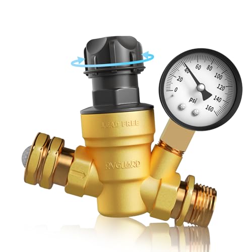 RVGUARD RV Water Pressure Regulator Valve With An Adjustable Knob NO Tool Required Brass LeadFree Water Pressure Reducer with Gauge and Inlet Screen Filter for RV Camper Travel Trailer