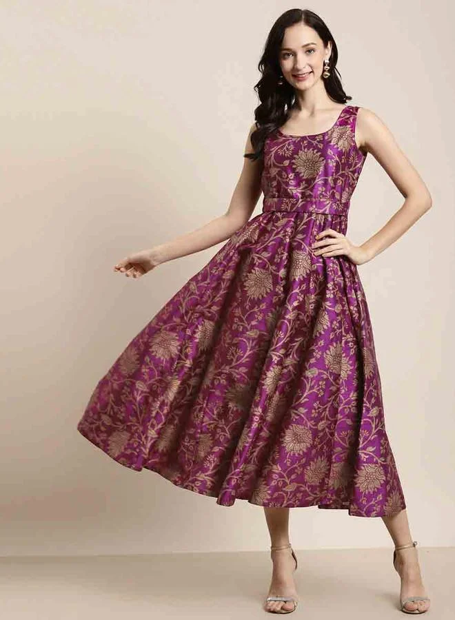 ساسافراس Jacquard Floral Print Self Belt Maxi Dress