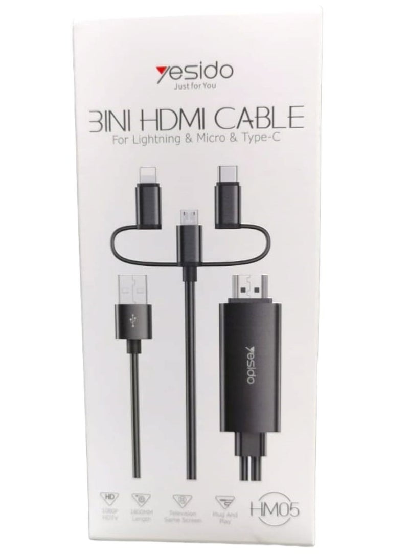 Yesido 3 In 1 Hdmi Cable For Lightning - Micro - Type-C - Black - Image 2