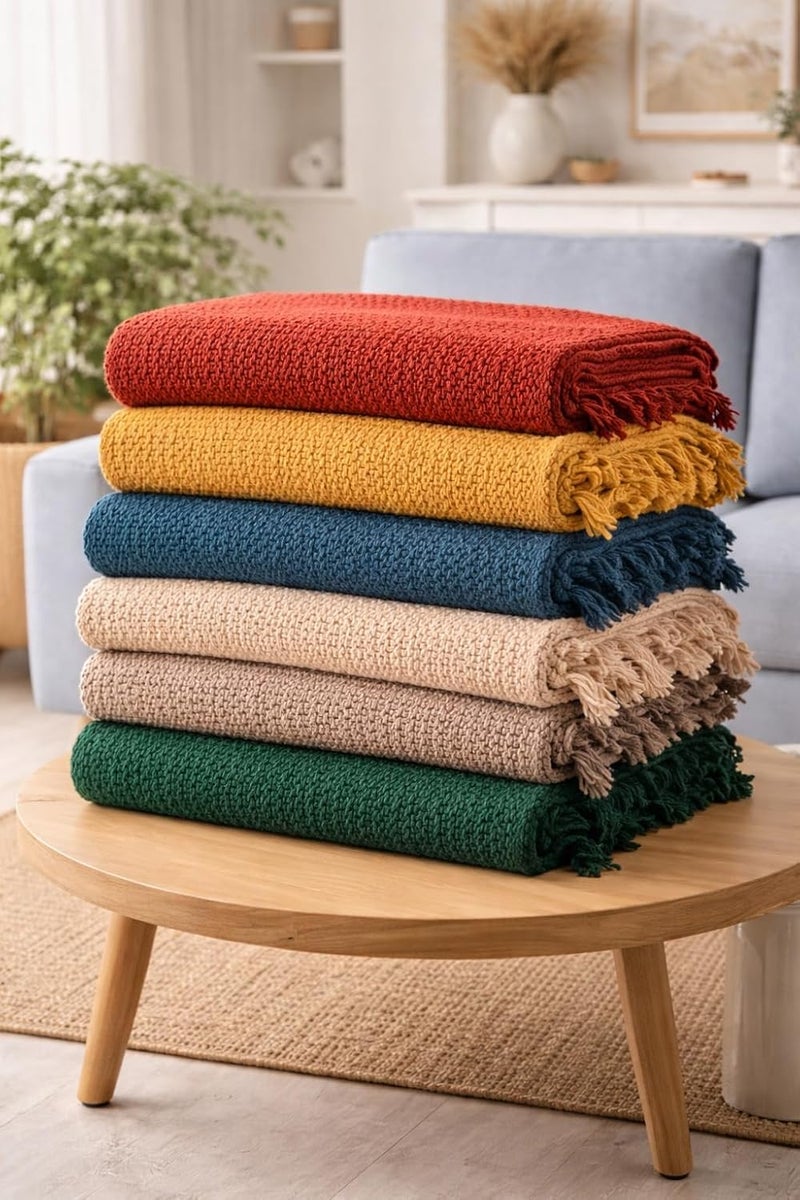 Blue Strip بطانية وافل ��طنية 100% باللون الأزرق المخطط للأريكة، السرير وغرفة المعيشة – بطانية قطنية ناعمة، خفيفة الوزن، تسمح بمرور الهواء (152 × 127 سم) - Image 3