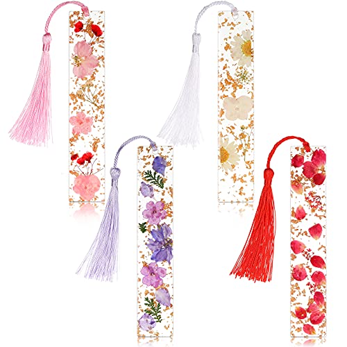 Clabby 4 Pieces Dried Flower Resin Bookmarks Handmade Transparent Floral Dried Flower Page Marker with Colorful Silky Tassel for Women Girls Adults KidsPlain Style