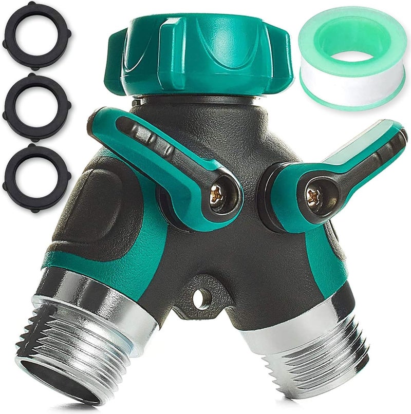 Trazon Water Splitter 2 Way, Garden Y Hose Connector Metal Body, Water Faucet Splitter with Comfortable Rubberized Grip, 2 Way Hose Splitter Heavy Duty for Outdoor and Indoor Use (Green) - Image 1