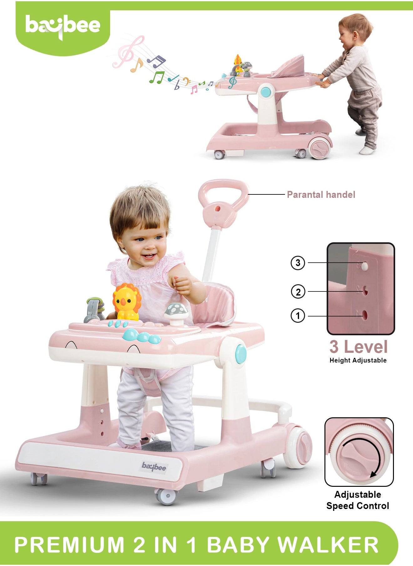 3 In 1 Zeni Baby Walker With Parental Push Handle, 3 Height Adjustable, Tray And Musical Toy Bar, 6 - 18 Months, Boy/Girl, Pink 