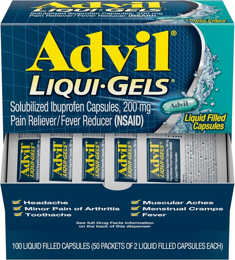 Advil أدفيل ليكوي-جيلز مسكن للألم وخافض للحرارة، دواء للألم للبالغين مع إيبوبروفين 200 ملغ لصداع الرأس، آلام الظهر، آلام الدورة الشهرية وتخفيف آلام المفاصل - 50x2 كبسولة سائلة