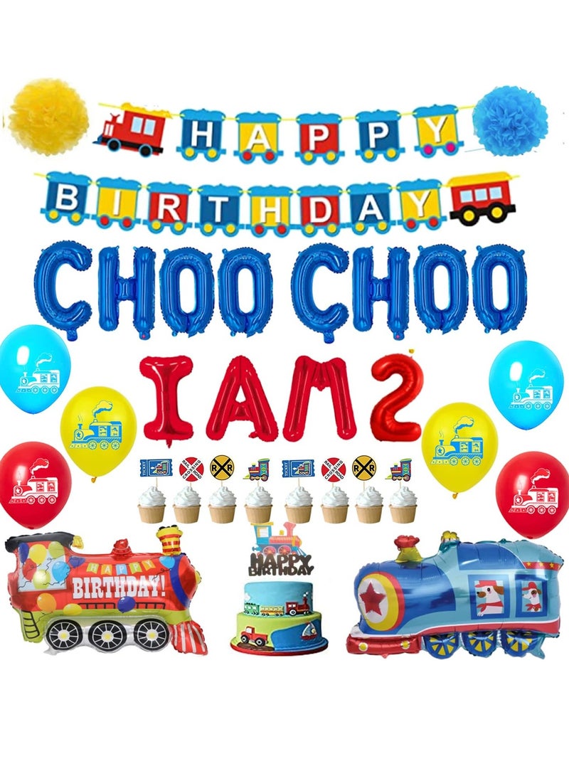 Train 2nd Birthday Party Decorations 2 Year Old Boy Choo Choo Im Two Balloons Happy Birthday Banner for Chugga Chugga Two Two Railroad Party Decorations 2nd Birthday Party Supplies - Image 1