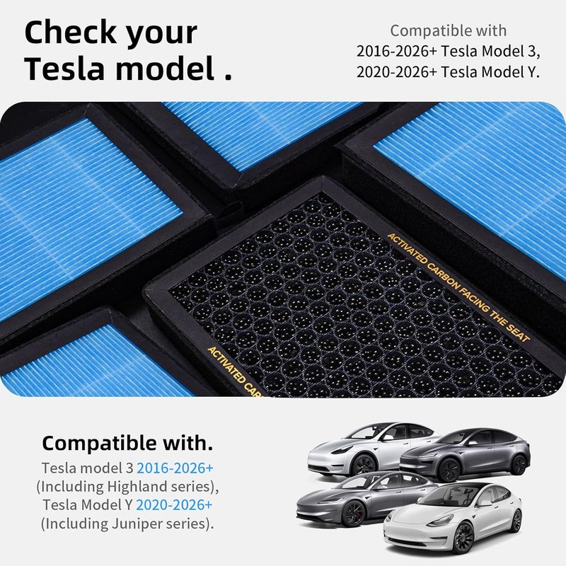 CYBERBEANS استبدال فلتر الهواء بالكربون النشط لسيارة Tesla Model 3/Y، ملحقات فلتر هواء المقصورة HEPA للأعوام 2016-2024/2025، نسخة مطورة من Juniper Highland (عبوة من 4 قطع) - Image 2