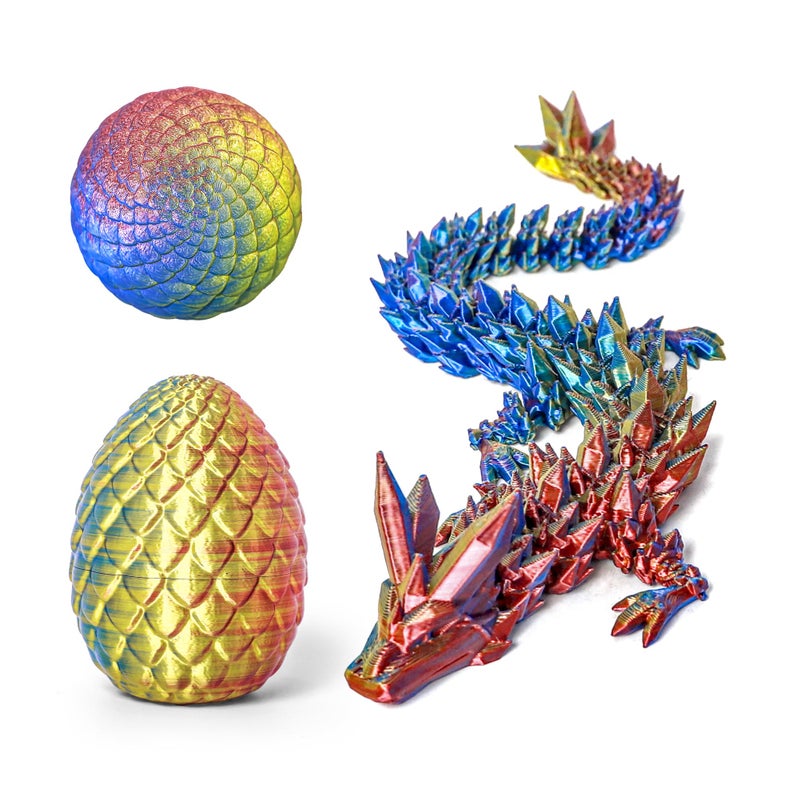 Flavery 3D Printed Dragon in Egg Flexible Crystal Dragon Inside Colorful Fidget Toy Birthday Gift Desk Pet Figure Easter Basket Stuffers 12 Dragon Gold Red Blue - Image 3