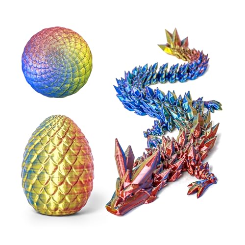 Flavery 3D Printed Dragon in Egg Flexible Crystal Dragon Inside Colorful Fidget Toy Birthday Gift Desk Pet Figure Easter Basket Stuffers 12 Dragon Gold Red Blue - Image 1