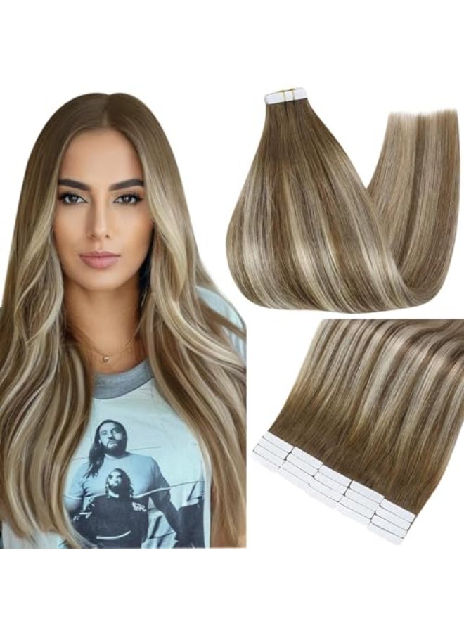 Fshine Full Shine Tape in Hair Extensions 20 Inch Tape Extensions for Women Color 6 Fading to 6 Brown and 60 Platinum Blonde 50 Gram Seamless Human Hair Extensions Tape Ins 20 PCS Add Length - Image 1