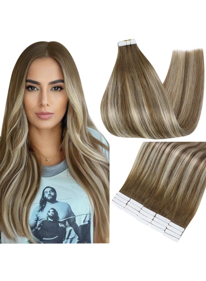 Fshine Full Shine Tape in Hair Extensions 20 Inch Tape Extensions for Women Color 6 Fading to 6 Brown and 60 Platinum Blonde 50 Gram Seamless Human Hair Extensions Tape Ins 20 PCS Add Length - Image 2