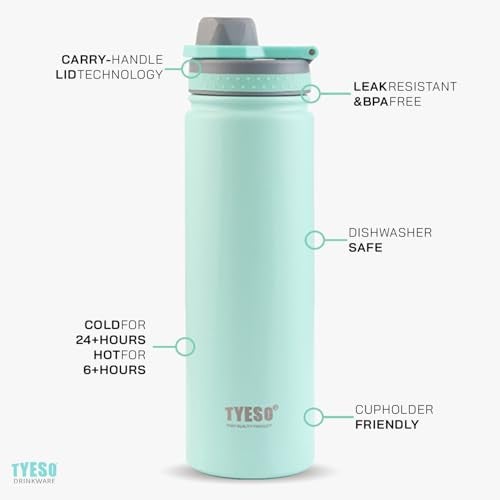 TYESO Water Bottle with Carrying Handle Lid | Insulated Stainless Steel Thermos | Travel Water Bottles for Gym & Sports | Leak Proof & BPA Free | Quick Flip Go Collection | 25oz (Black) - Image 2