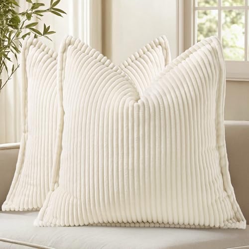 decorUhome Summer Corduroy Cream White Throw Pillow Covers 20x20 Set of 2 Decorative Soft Boho Farmhouse Couch Pillow Covers for Living Room Bed Sofa Broadside Striped Pillow Cases - Image 1