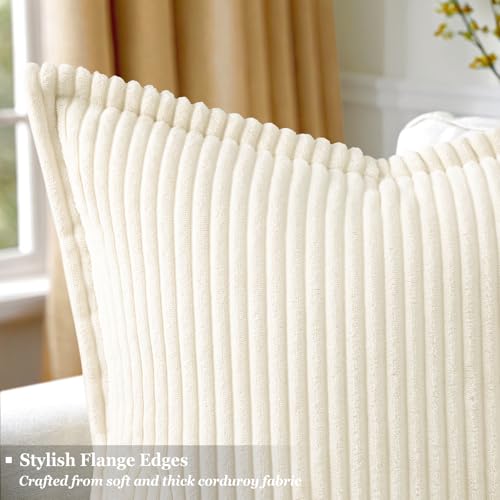 decorUhome Summer Corduroy Cream White Throw Pillow Covers 20x20 Set of 2 Decorative Soft Boho Farmhouse Couch Pillow Covers for Living Room Bed Sofa Broadside Striped Pillow Cases - Image 3