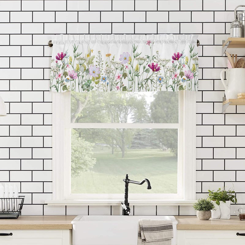 YOKOU Curtain Valance, Wildflowers Spring Watercolor Flower Floral Print Plants Short Rod Pocket Window Treatment for Living Room, Bedroom, Kitchen, Bathroom, 1 Panel, 54" W x 18" L - Image 4