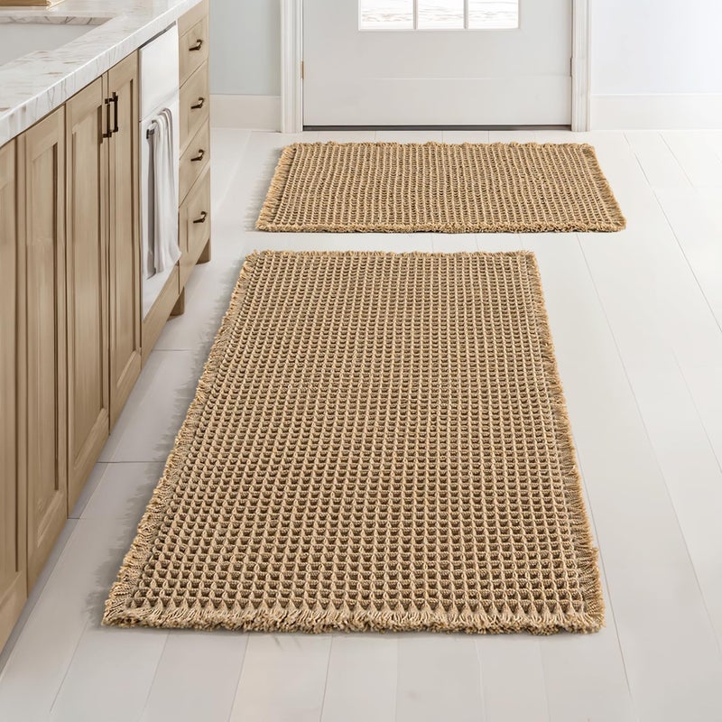 MIULEE Set of 2 Waffle Bathroom Rugs, Boho Bath Rugs Non Slip Washable, Super Absorbent Bath Mats, Ultra Soft Rubber Backed Shower Mats for Bathroom Floor, Tub, Brown, 17"x24"+18"x30" - Image 1