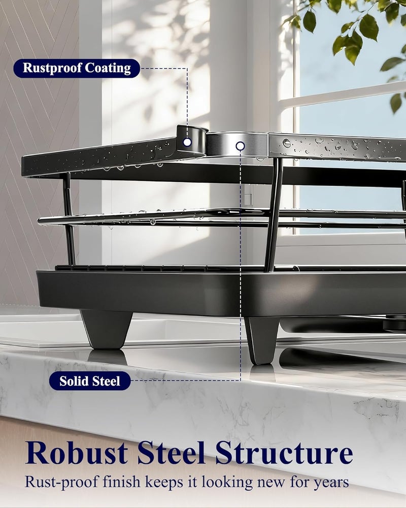Kitsure 2-Tier Dish Drying Rack for Kitchen Counter, Stainless Steel Dish Drainer with Drainboard & Cutlery Holder, Kitchen Sink Organizer for Plates and Bowls, Black, 30 × 39 × 31 cm - Image 5