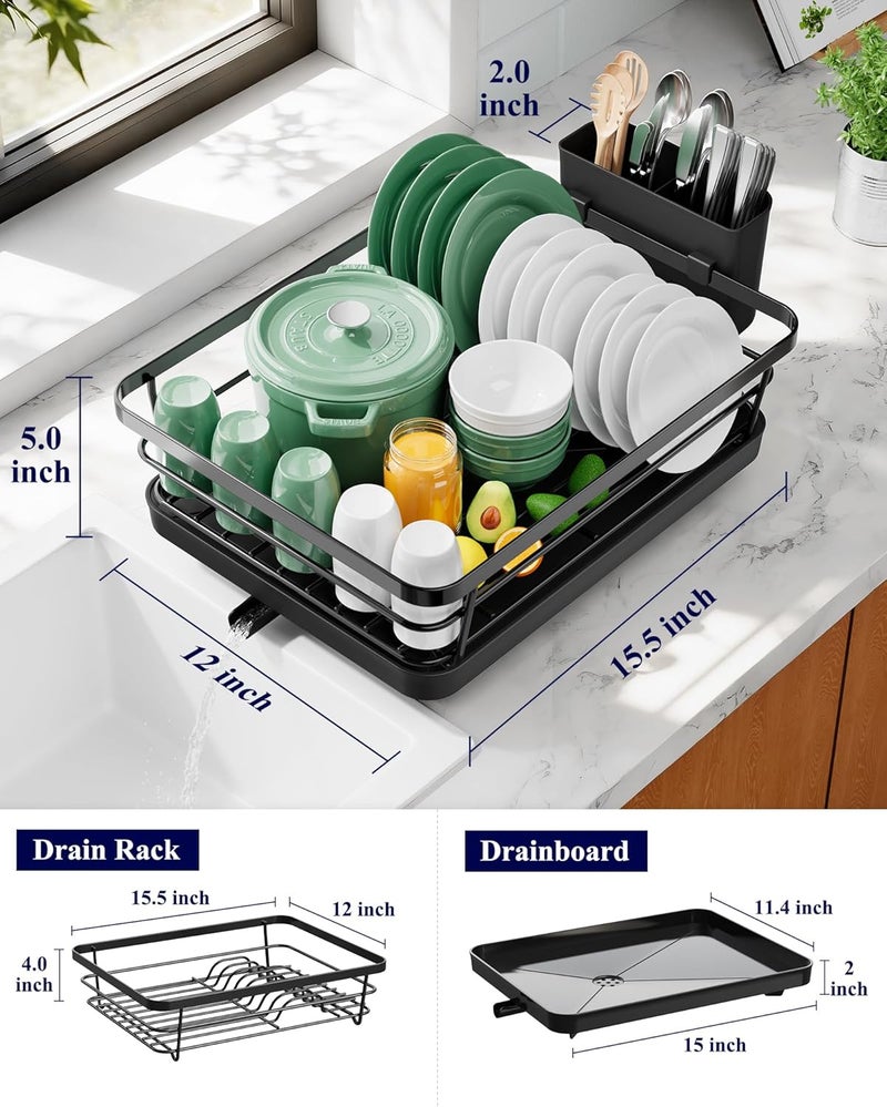 Kitsure 2-Tier Dish Drying Rack for Kitchen Counter, Stainless Steel Dish Drainer with Drainboard & Cutlery Holder, Kitchen Sink Organizer for Plates and Bowls, Black, 30 × 39 × 31 cm - Image 4