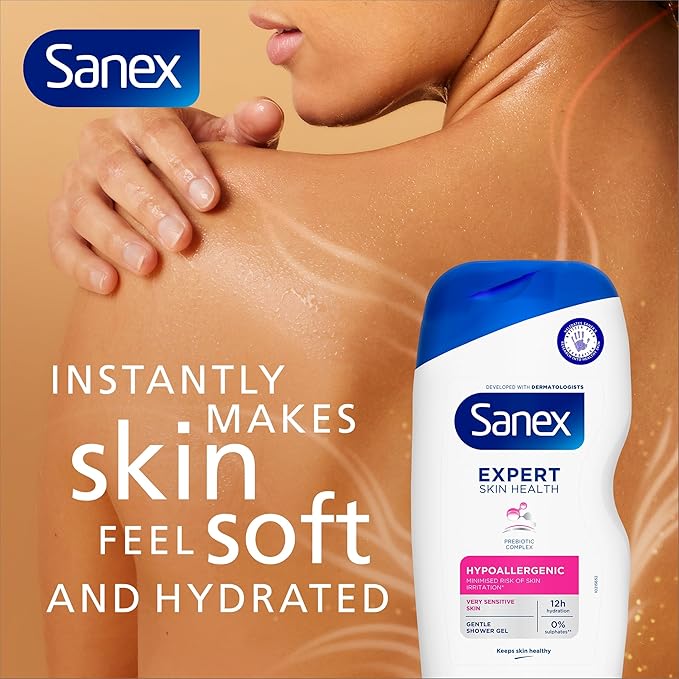 Sanex Expert Skin Health Moisturising Shower gel 570ml body wash for men women gently cleanses hydrates softens skin 12h hydration advanced prebiotic complex formula vegan - Image 2