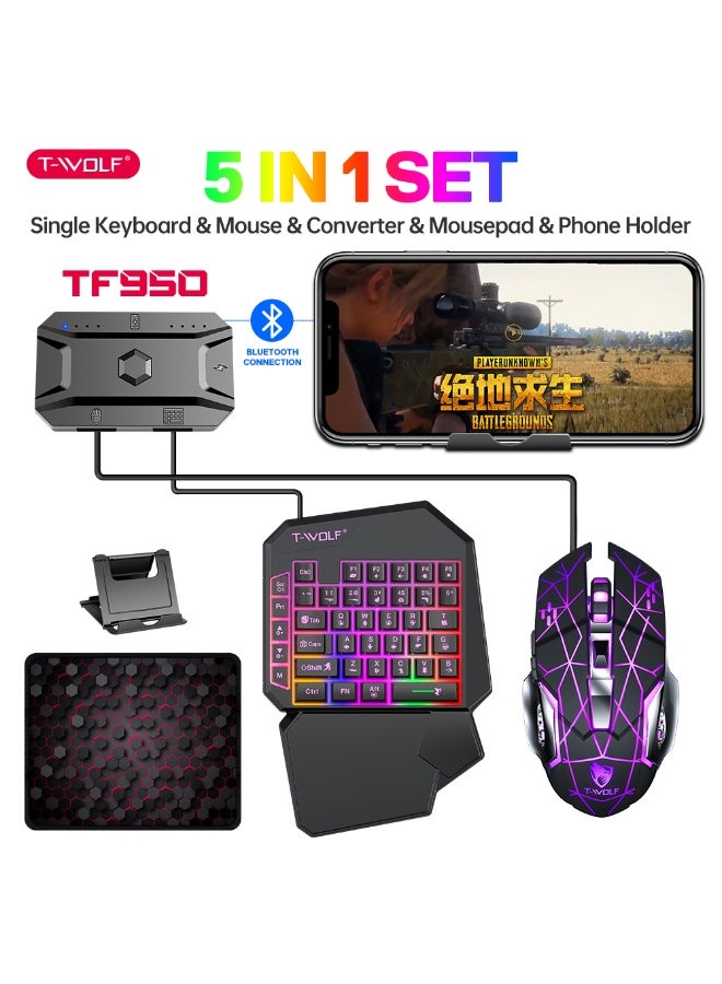 T-WOLF TF950 5IN1 Keyboard Mouse Mousepad Converter Bracket Combos 40 Keys One Handed Gaming Keyboard Set for Android Phone Game - Image 1
