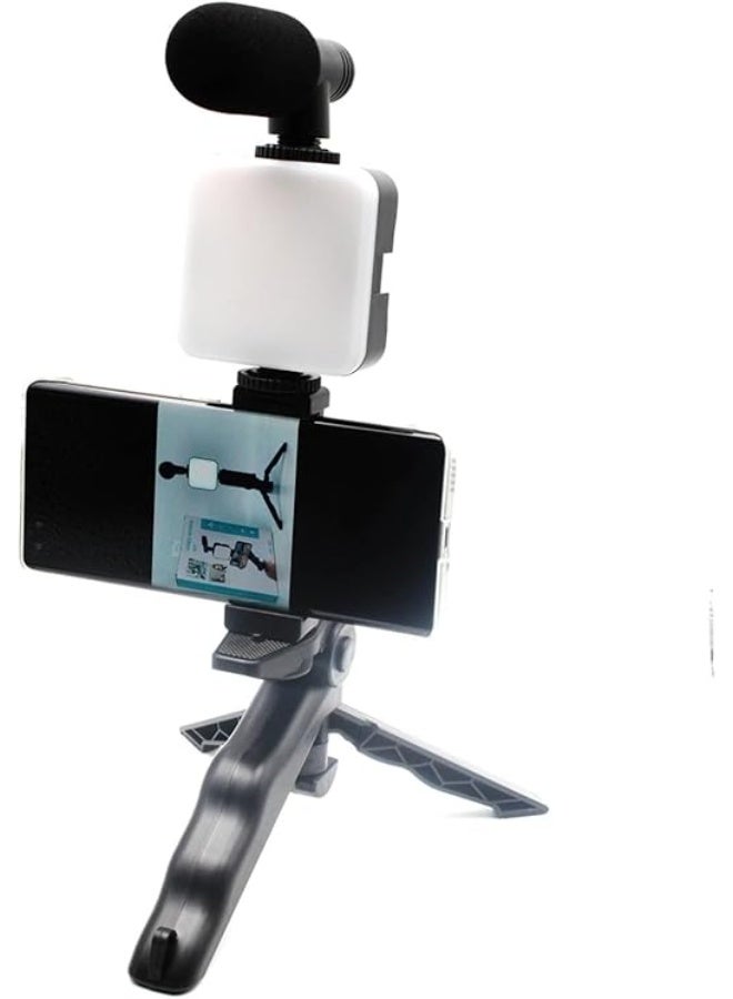 All-in-One Video Recording Kit – Phone Holder with LED Light, Tripod Stand, Microphone, and Clip Mount for Mobile Content Creation - Image 1