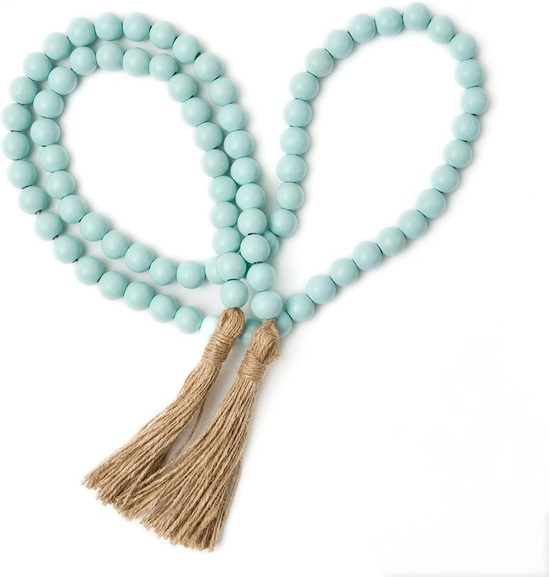OMISHE 59in Wood Bead Garland with Tassels, Decorative Beads, Farmhouse Wooden Beads Garland for Wall Hanging Home Festival Decor, Aqua, Teal - Image 1