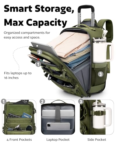 AUROTIER Rolling Tactical Laptop Backpack, Underseat Travel Backpack with Wheels, 16 Inch Wheeled Military Computer Backpack for Men and Women, Roller Overnight Molle Outdoor Hiking College Carry on Luggage - Image 2