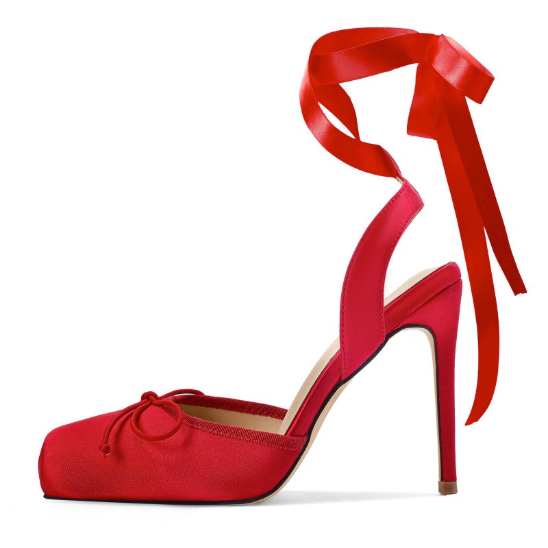Vertundy Women's Red Ballet Heels Satin Bow Ballerina Heels Closed Square Toe Lace Up High Heel Ballet Pumps Strappy Stiletto Mary Janes Elegant Party Shoes - Image 1
