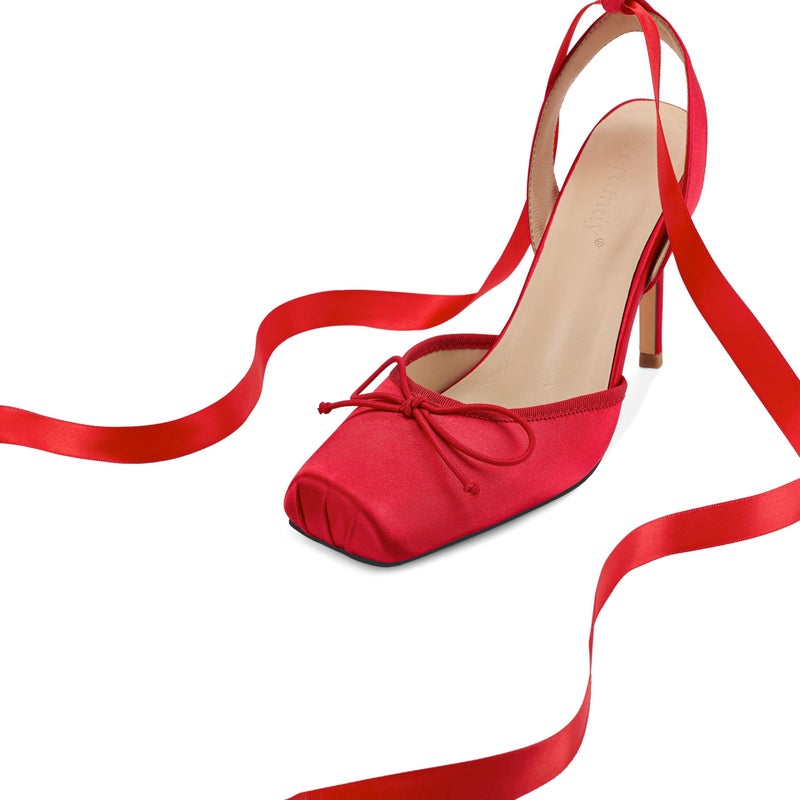 Vertundy Women's Red Ballet Heels Satin Bow Ballerina Heels Closed Square Toe Lace Up High Heel Ballet Pumps Strappy Stiletto Mary Janes Elegant Party Shoes - Image 4