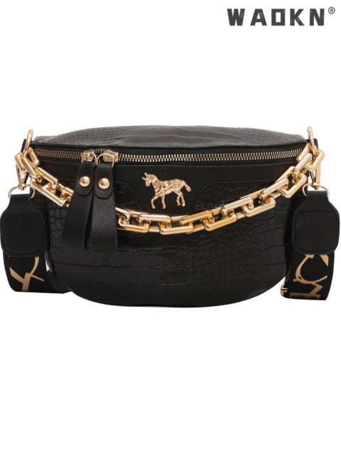 Women's Acrylic Chain Crossbody Bag, Women's PU Leather Shoulder Bag Hand Bags Sling bag, Crocodile Leather Textured Mobile Phone Bag Coin Purse Carrying Bag Side Bag (Black)