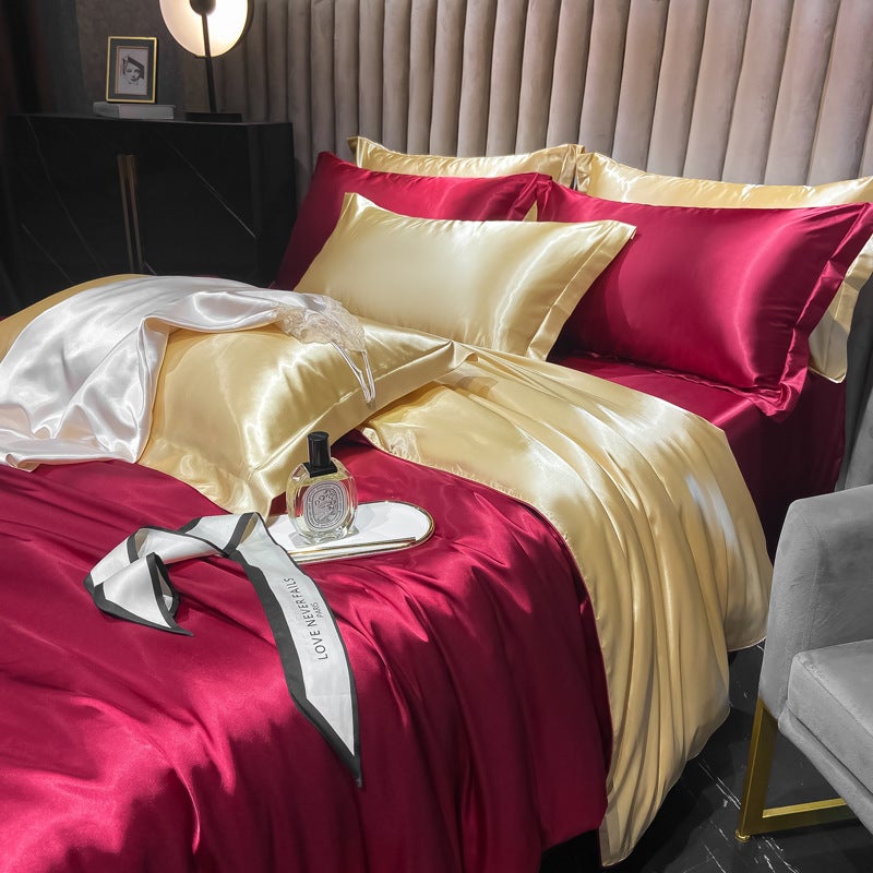 Light Luxury Bed Washed Silk Four-Piece Ice Silk Bed Sheet Quilt Cover Tencel Satin Silky Bedding - Image 1
