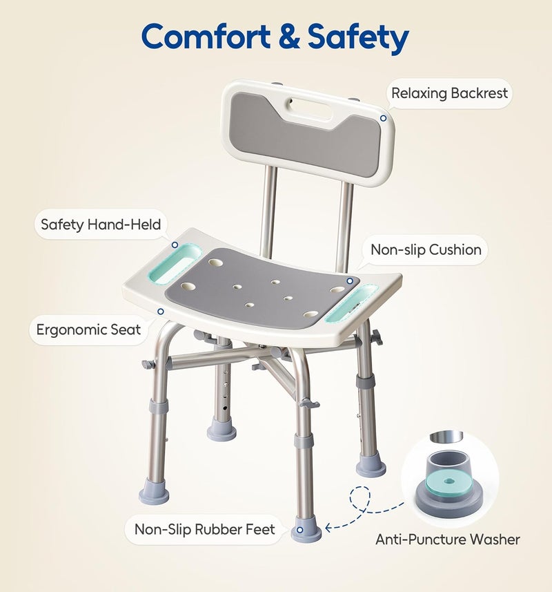 Bluelog Shower Chair with Back for Elderly and Disabled, Shower Seat Bench Stool, Adjustable Height, 350 lbs Capacity, FSA/HSA Eligible, Rectangular - Image 3