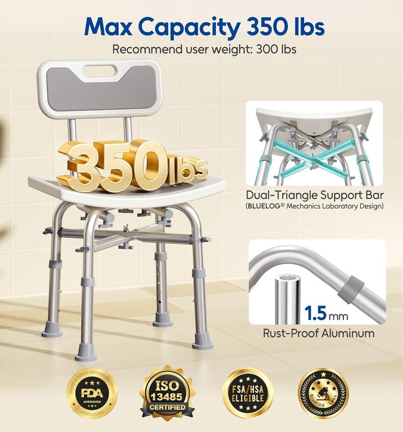 Bluelog Shower Chair with Back for Elderly and Disabled, Shower Seat Bench Stool, Adjustable Height, 350 lbs Capacity, FSA/HSA Eligible, Rectangular - Image 2
