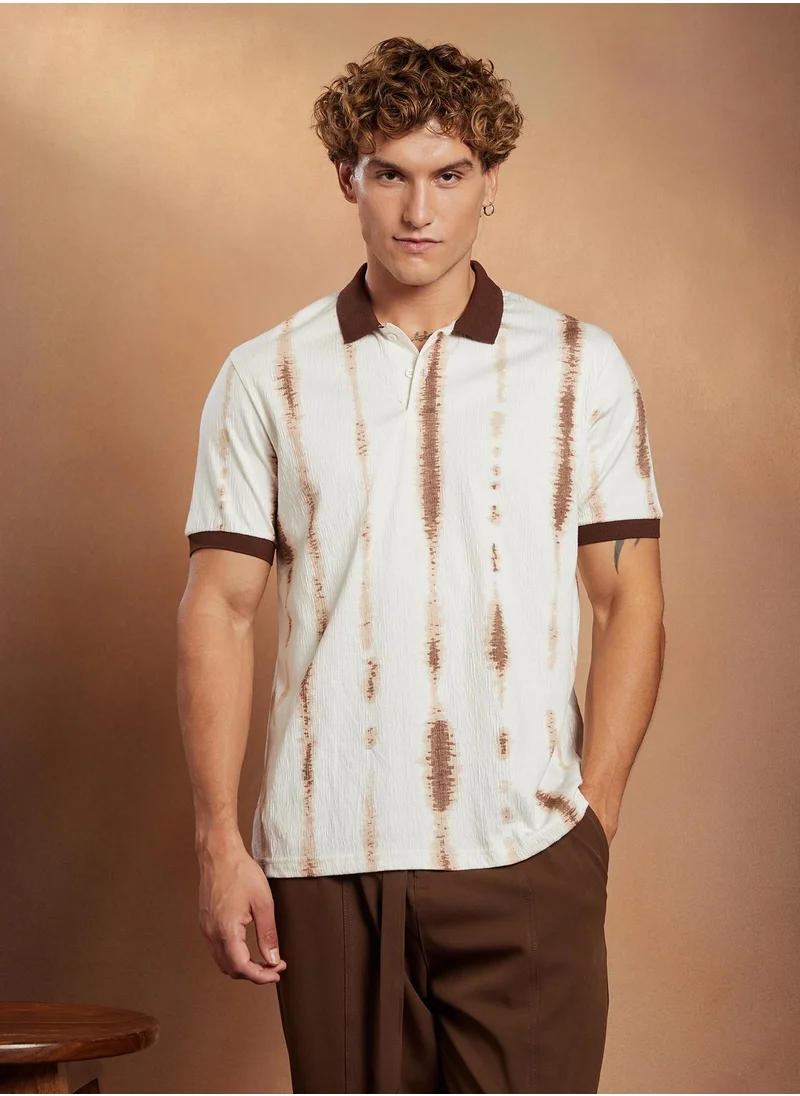 Campus Sutra Campus Sutra Men's Brown & White Tie-Dye Tactile Polo T-Shirt For Casual Wear | Polo Neck | Short Cuffed Sleeves | Half-Button Closure | T-Shirt Crafted With Comfort Fit For Everyday Wear