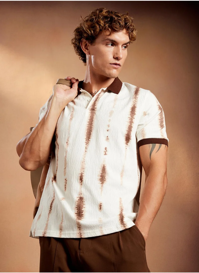 Campus Sutra Campus Sutra Men's Brown & White Tie-Dye Tactile Polo T-Shirt For Casual Wear | Polo Neck | Short Cuffed Sleeves | Half-Button Closure | T-Shirt Crafted With Comfort Fit For Everyday Wear