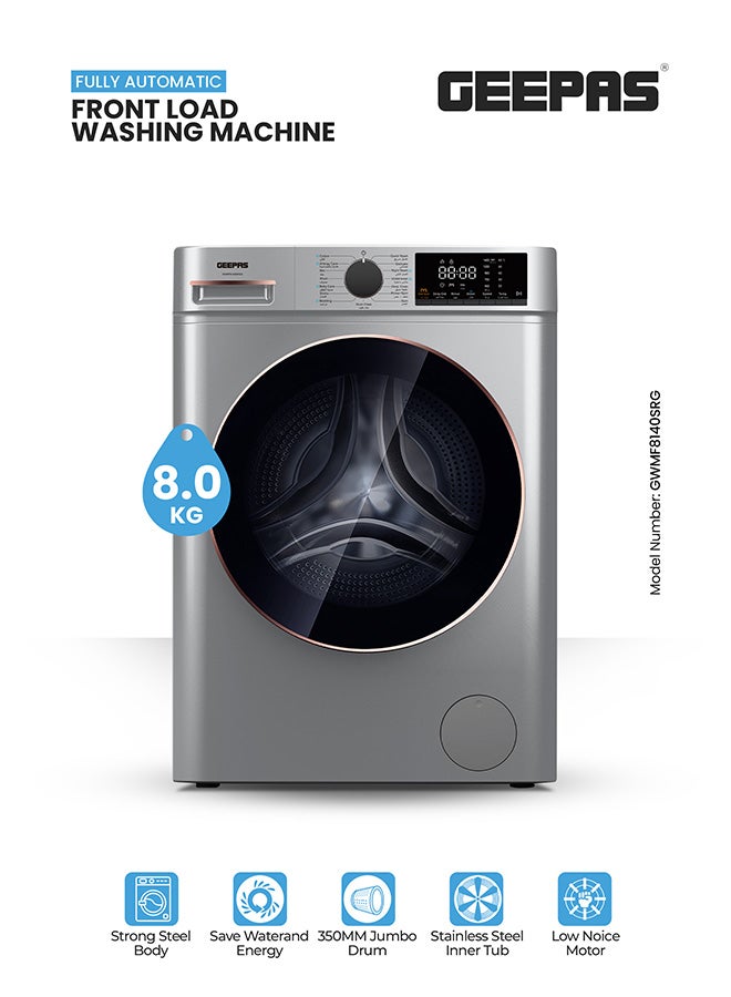 GEEPAS Advanced Front Load Washing Machine with Digital Display, BLDC Motor, and Steam Clean 144 kW GWMF8140SRG Metallic Grey - Image 1