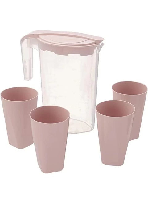 2L Plastic Water Jug with 4 Matching Cups   Pitcher Set for Juice, Water, Iced Tea, and Cold Beverages