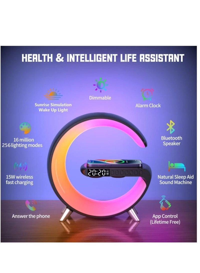 إلترازون Wireless Charger Atmosphere Lamp, Portable LED Bluetooth Speaker Wireless Charger with Desk Lamp Bedside RGB Night Light, App Control Mini Music Lamp Digital Alarm Clock Speaker - Image 2