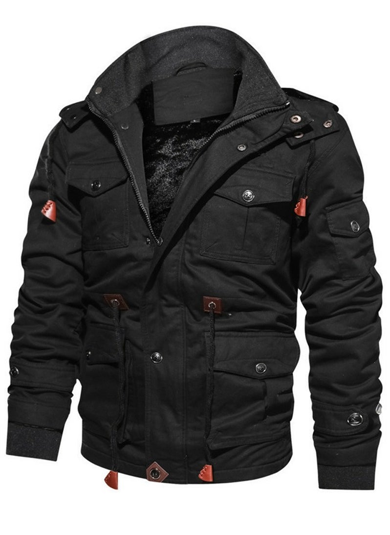 Loquat - Men's Thick Hooded Zippered Slim Fit Outdoor Jacket Long Sleeve Casual Coat Black - Image 1