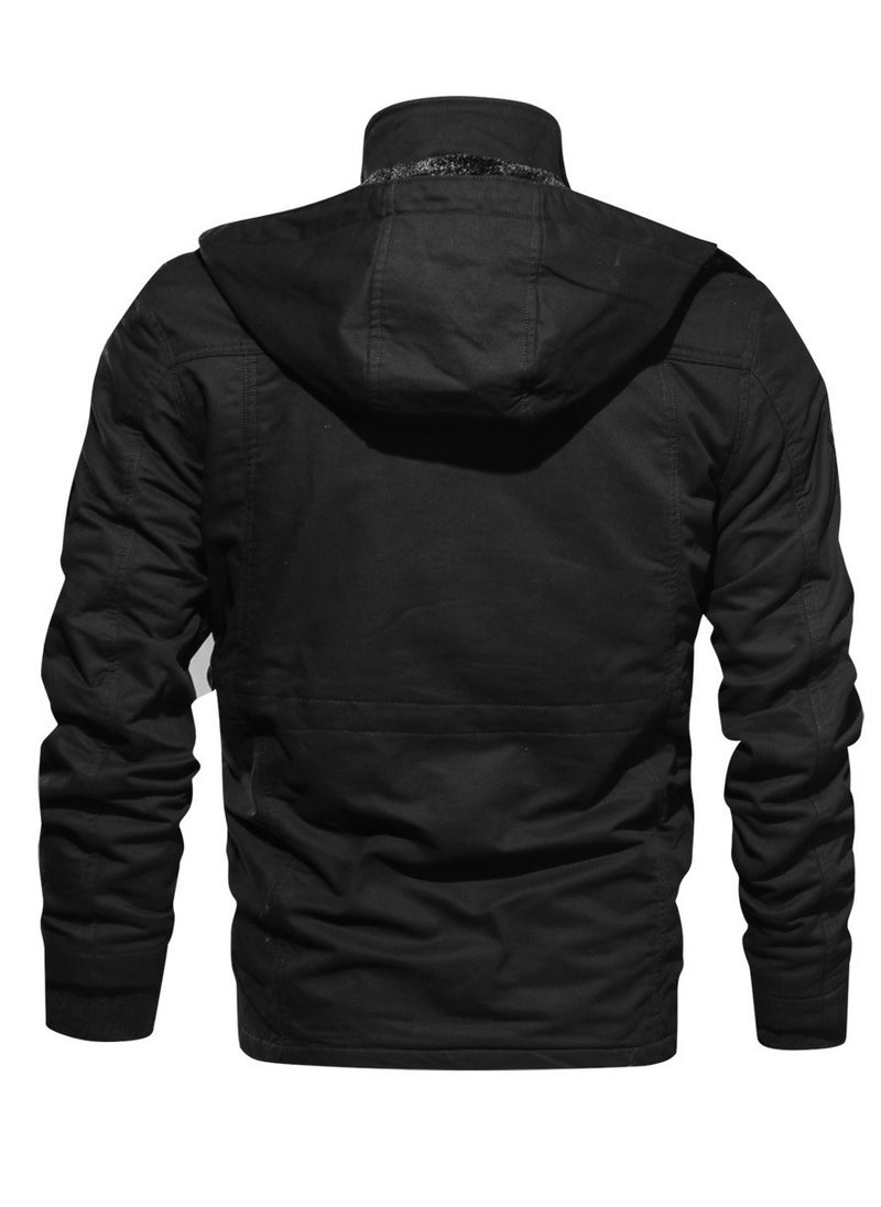 Loquat - Men's Thick Hooded Zippered Slim Fit Outdoor Jacket Long Sleeve Casual Coat Black - Image 1