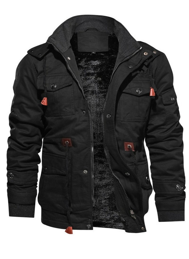 Loquat - Men's Thick Hooded Zippered Slim Fit Outdoor Jacket Long Sleeve Casual Coat Black - Image 1