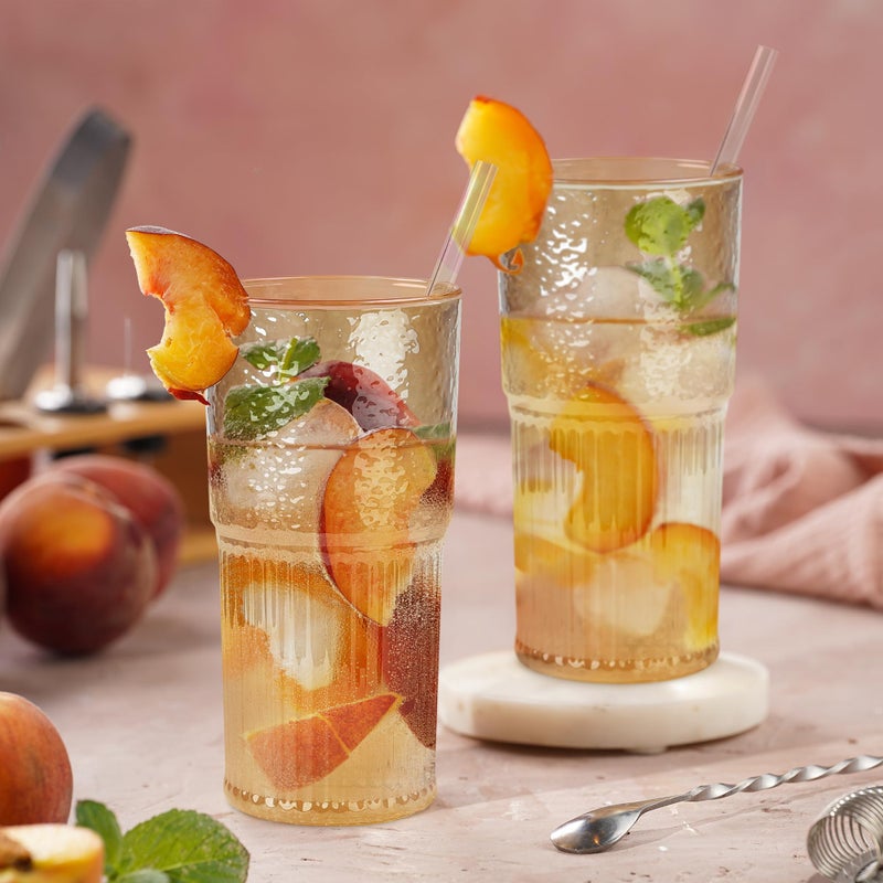 Joeyan 22 oz Amber Glass Tumbler with Straw and Lid for Iced Tea Coffee Smoothie Water Juice Beverages Soda,Ribbed Glasses Cups,Borosilicate Drinking Jar,Set of 2,Dishwasher Safe - Image 2