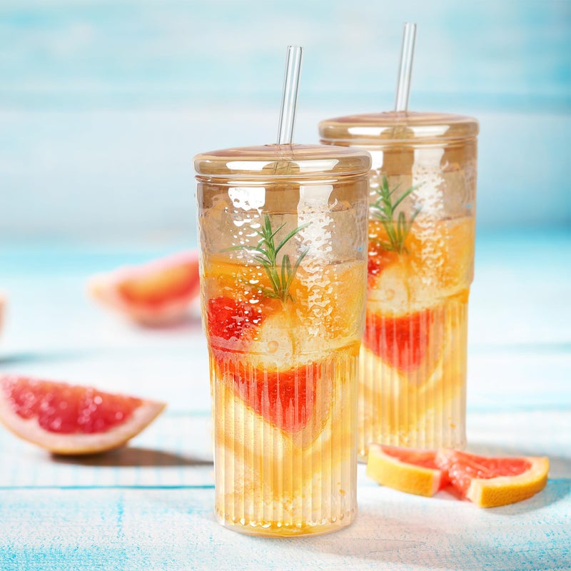 Joeyan 22 oz Amber Glass Tumbler with Straw and Lid for Iced Tea Coffee Smoothie Water Juice Beverages Soda,Ribbed Glasses Cups,Borosilicate Drinking Jar,Set of 2,Dishwasher Safe - Image 3