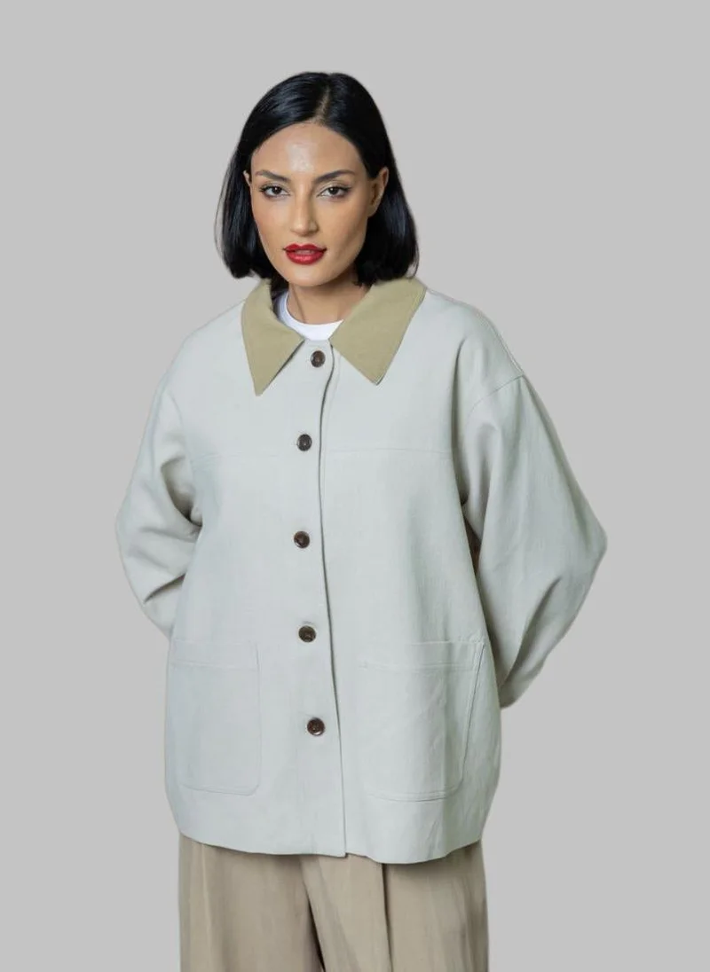 Bond  Cream Relaxed Fit Workwear Jacket with Contrast Collar for Women | Best Price UAE