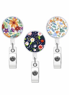 KASTWAVE Retractable ID Badge Holder Reel with Clip, Flowers Name Badge Reels Retractable Card Holder for Office Worker Teacher Doctor Nurse (3 Pack Flower)  - Image 1