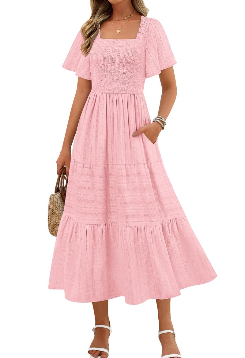 MEROKEETY Womens 2025 Summer Flowy Midi Maxi Dress Short Sleeve Square Neck Smocked Tiered Ruffle Boho Dresses with Pockets Pink XLarge