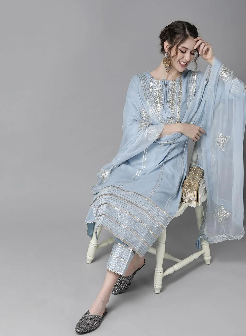 آي شين Women'S Blue Polyester Blend Self Design Full Length Palazzo Kurta Set