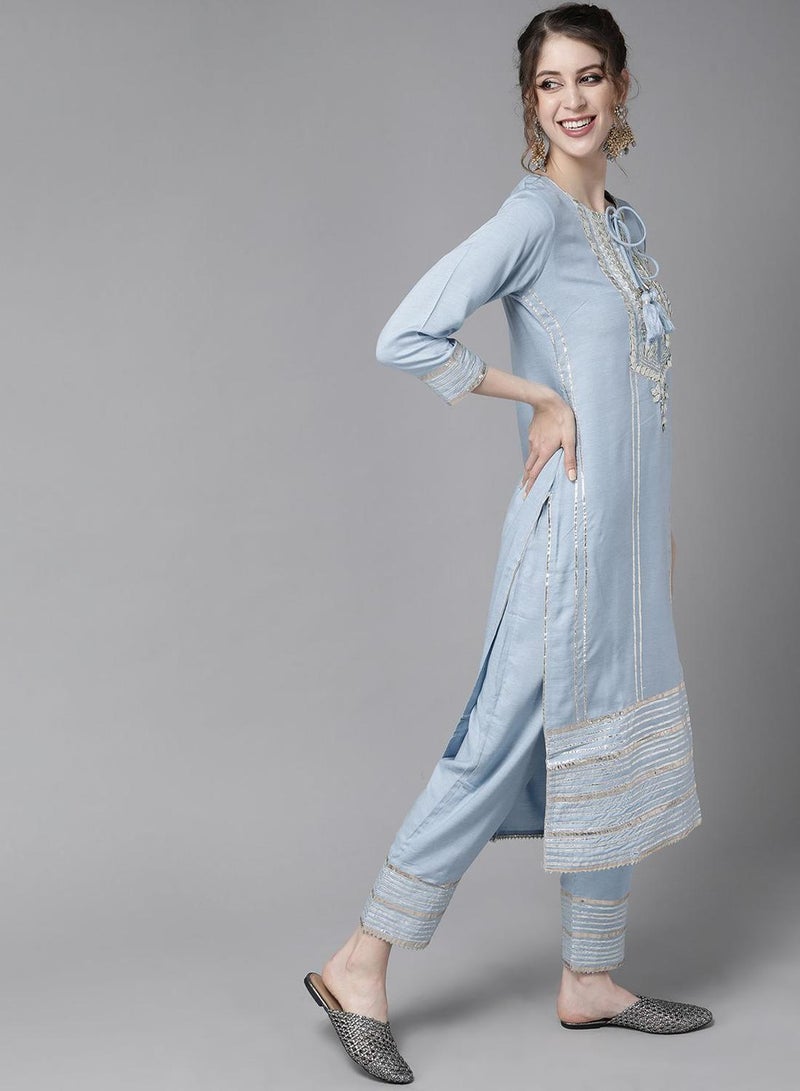 ISHIN Women'S Blue Polyester Blend Self Design Full Length Palazzo Kurta Set - Image 5