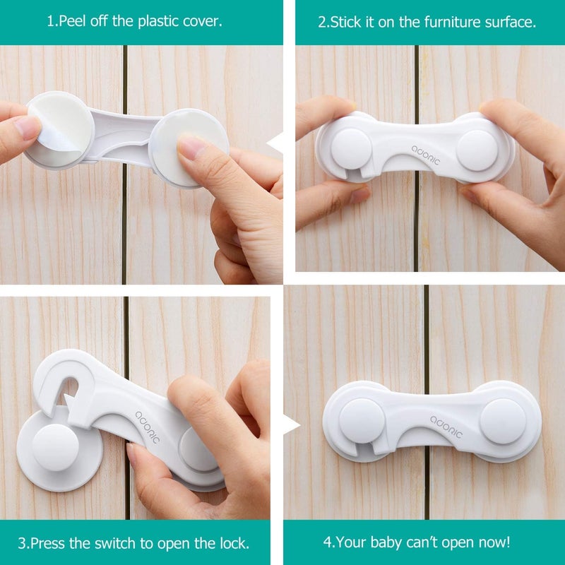 Adoric Cabinet Locks - Adoric Life Child Safety Locks 4 Pack - Baby Safety Cabinet Locks - Baby Proofing Cabinet Kitchen System with Strong Adhesive Tape - Image 4