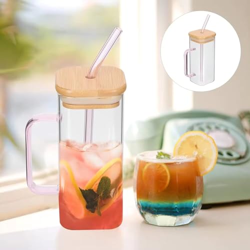 ZROY ENTERPRISE Glass Cups with Colored Handle, 400 ml Drinking Glasses Bamboo Lids and Glass Straws for Juice, Iced Coffee, Milk, Bubble Tea, Beer Home & Travel Cup (1, Wooden Lid Square) - Image 5